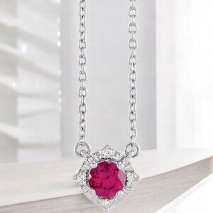 Lab Created Ruby and Diamond Halo Pendant in 925 Sterling Silver